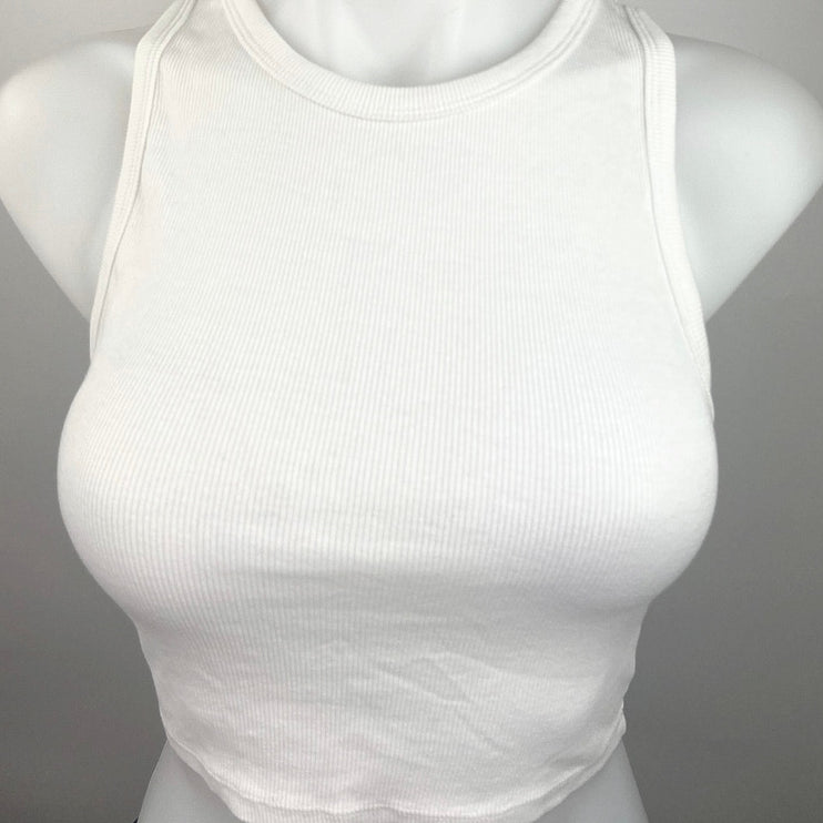 Zara White Ribbed Knit High Neck Fitted Stretch Chic Cropped Tank Top Size L