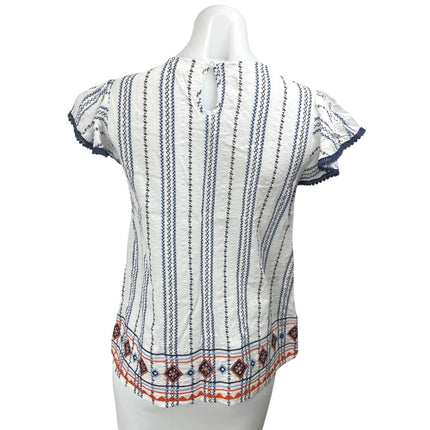THML Bogo White Blue Striped Embroidered Short Flutter Sleeve Blouse Top Size S