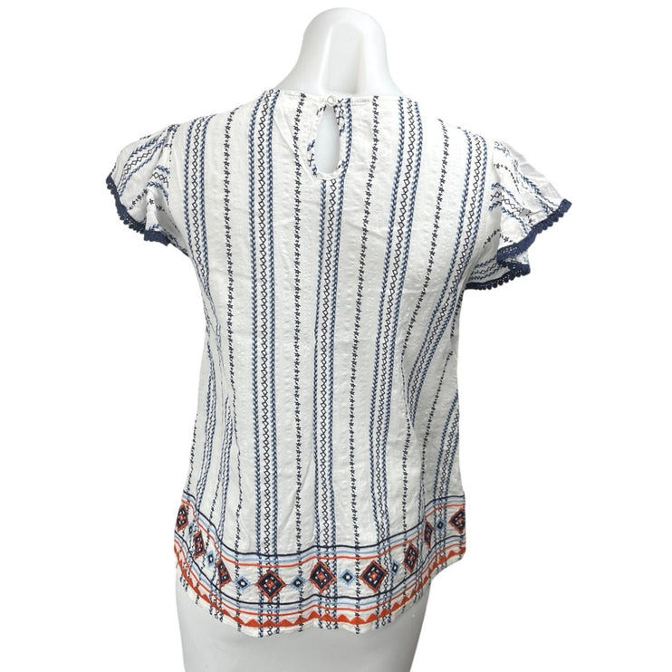 THML Bogo White Blue Striped Embroidered Short Flutter Sleeve Blouse Top Size S
