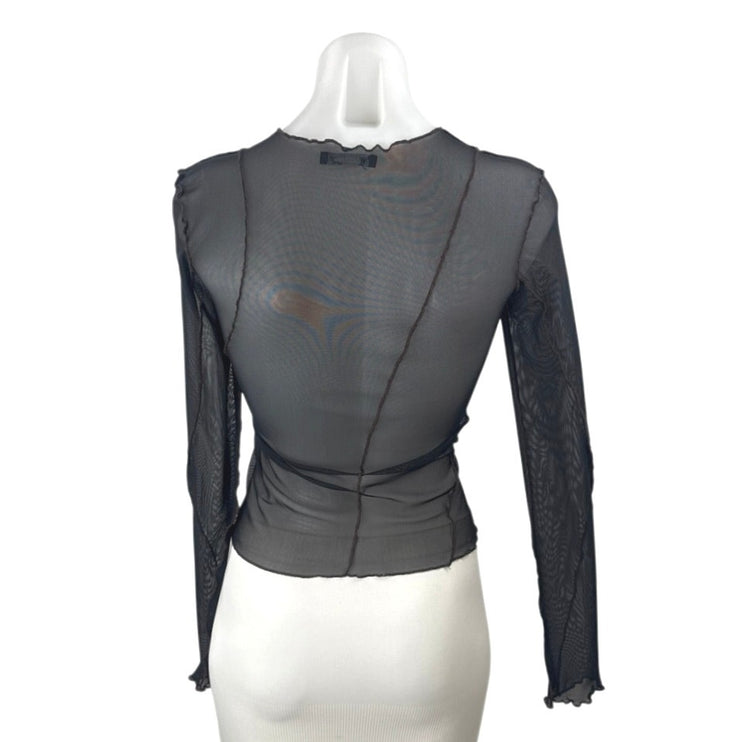 Zara Women Black Sheer Mesh Patchwork Lettuce Long Sleeve Crop Blouse Top Size S