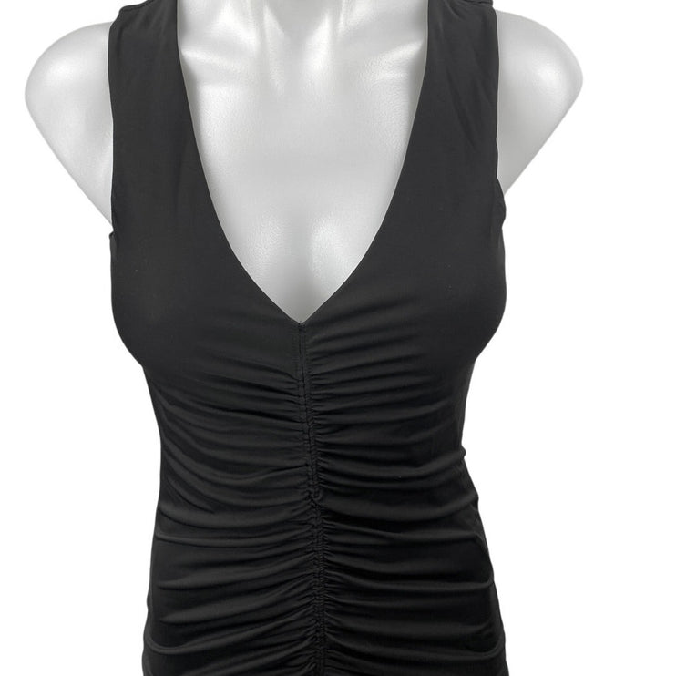 NEW International Concept Black Ruched Sleeveless Midi Bodycon Tank Dress Sz XS