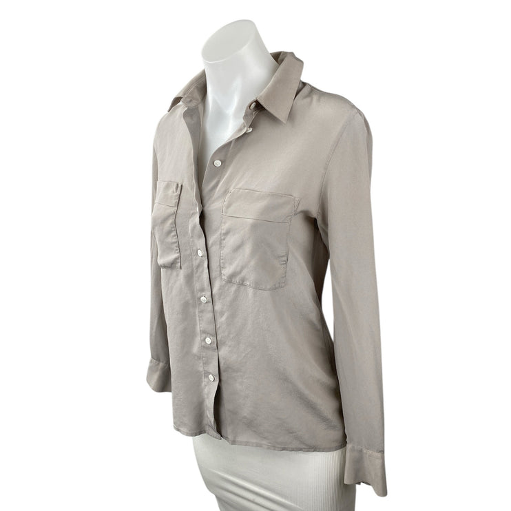 Club Monaco Women's Gray 100% Silk Long Sleeve Pocket Button Down Shirt Top S
