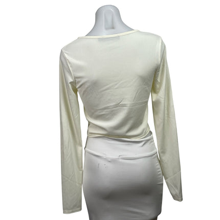 MISSGUIDED Women's Cream Ribbed Knit Long Sleeve V-neck Blouse Crop Top Sz 8T