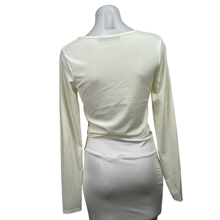 MISSGUIDED Women's Cream Ribbed Knit Long Sleeve V-neck Blouse Crop Top Sz 8T