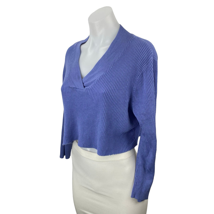 Croft & Barrow Blue Ribbed Knit V Neck Long Sleeve Crop Cardigan Sweater Top L