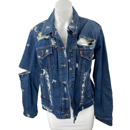 Levi's Blue Dark Wash Distressed Long Sleeve Button Down Denim Jeans Jacket Sz L