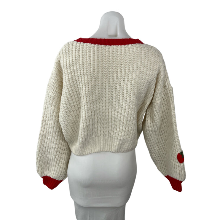 Cider Strawberry Women's Cream Chunky Knit Round Neck Long Sleeve Crop Sweater M