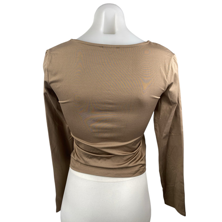 Stradivarius Women's Tan Square Neck Long Sleeve Stretch Blouse Crop Top Size L