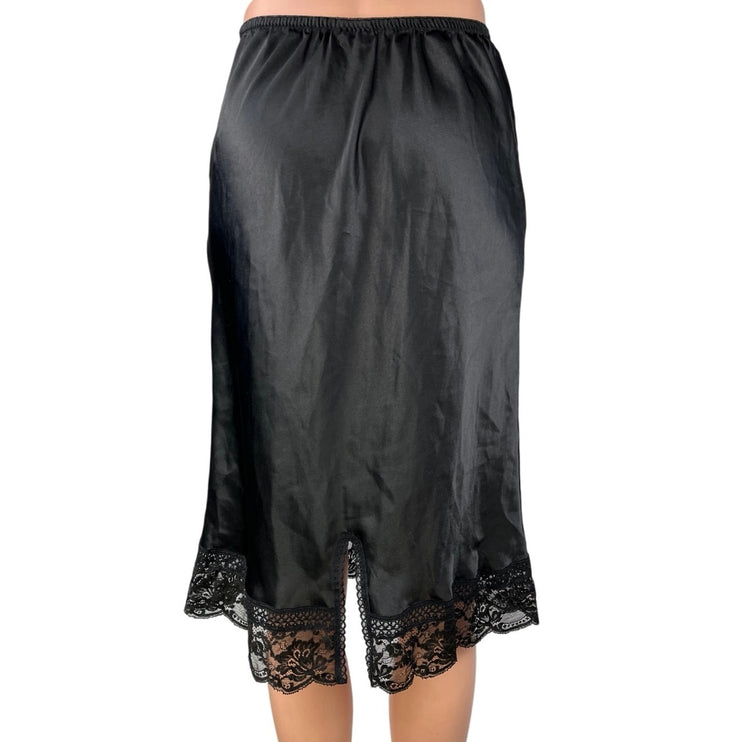 Christian Dior Black Silk Satin Embroidered Lace Floral Midi Slip Skirt Size S