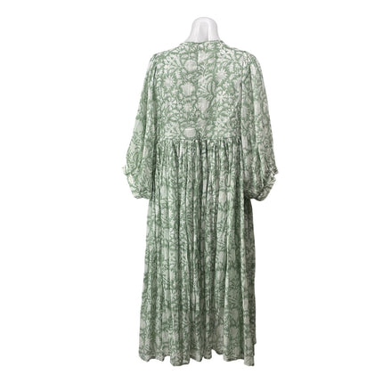Daughters of India Green 3/4 Puff Sleeves Floral Tie Neck Boho Midi Dress Sz M