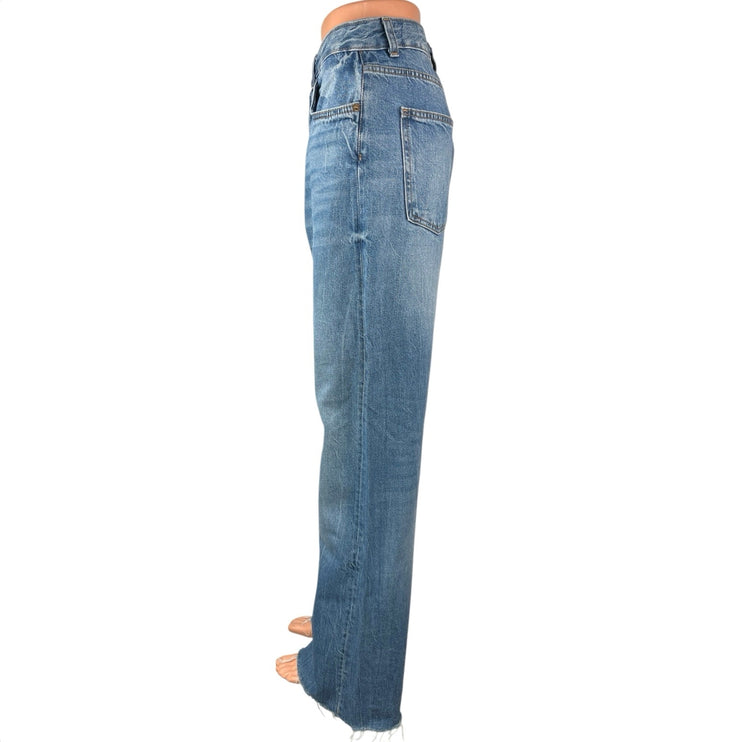 Zara Women's Blue Medium Wash Denim Wide Leg High Waist Frayed Hem Jeans Sz 12