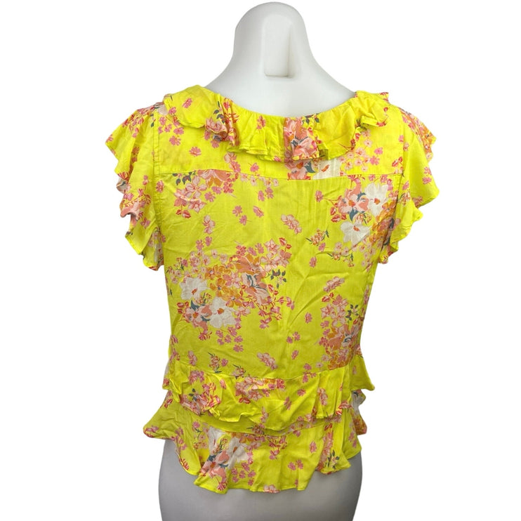 Anthropologie Maeve Yellow Pink Floral Ruffle Deep V Button Up Blouse Top Sz 4