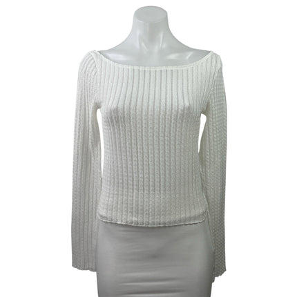 Edikted Womens White Ribebd Knit Boat Neck Long Sleeve Crop Sweater Top Size M