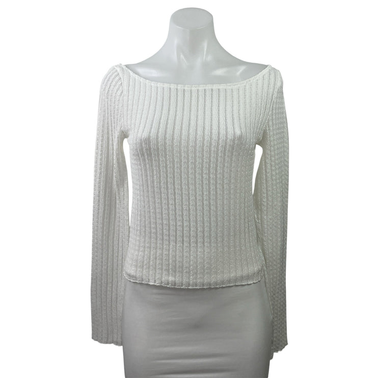 Edikted Womens White Ribebd Knit Boat Neck Long Sleeve Crop Sweater Top Size M