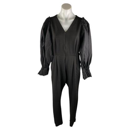Deepika Arora Black V-Neck Long Puff Sleeve Zip Up Tapered Romper Jumpsuit Sz S