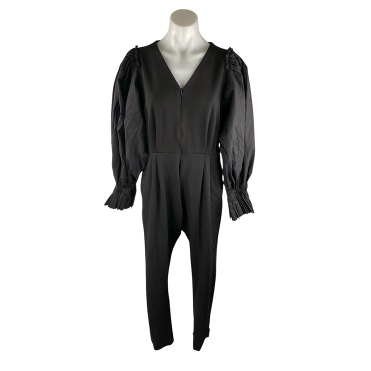 Deepika Arora Black V-Neck Long Puff Sleeve Zip Up Tapered Romper Jumpsuit Sz S