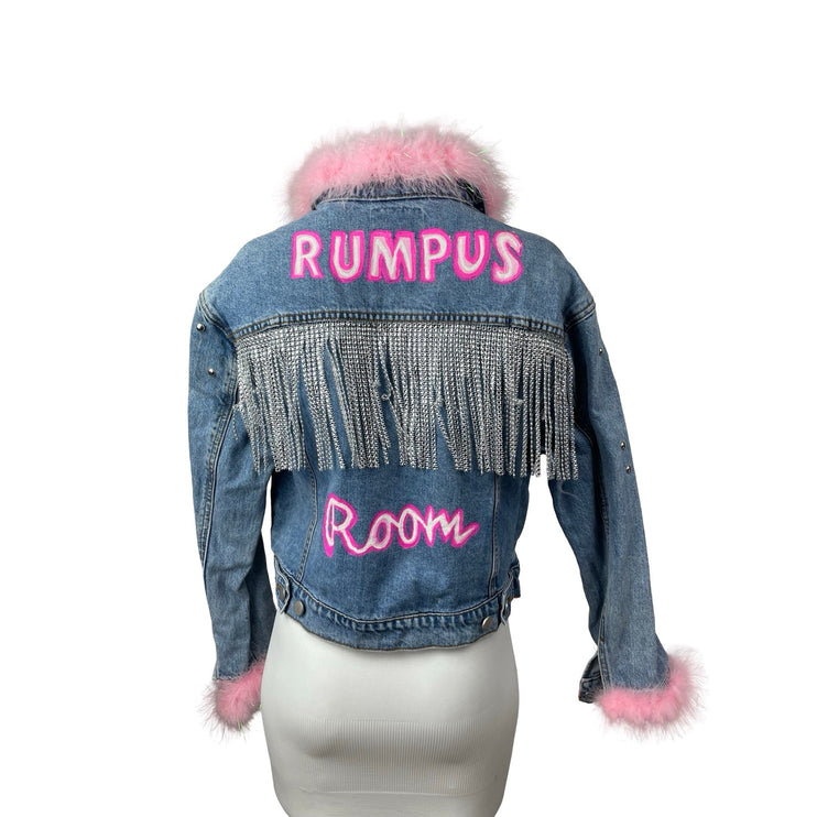 Tinseltown Pearl Stud Faux Fur Trim Rhinestone Fringe Ripped Denim Coat Jacket M