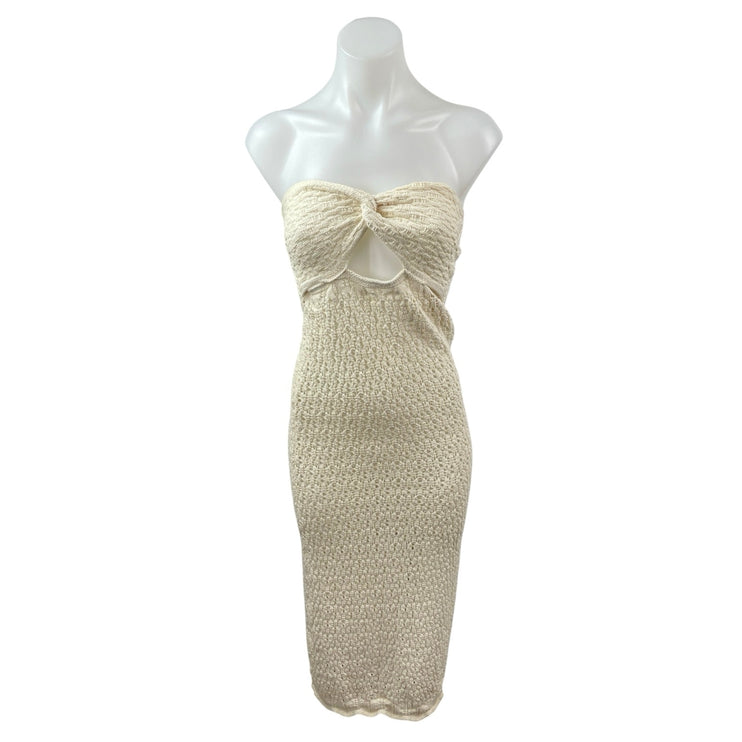 Zara Cream Crochet Knit Strapless Twist Front Slit Midi Bodycon Dress Size M