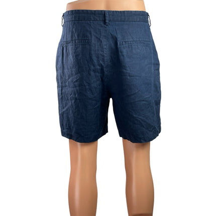 Zara 100% Linen Mens Blue Straight Leg High Waisted Pockets Chino Khaki Shorts L