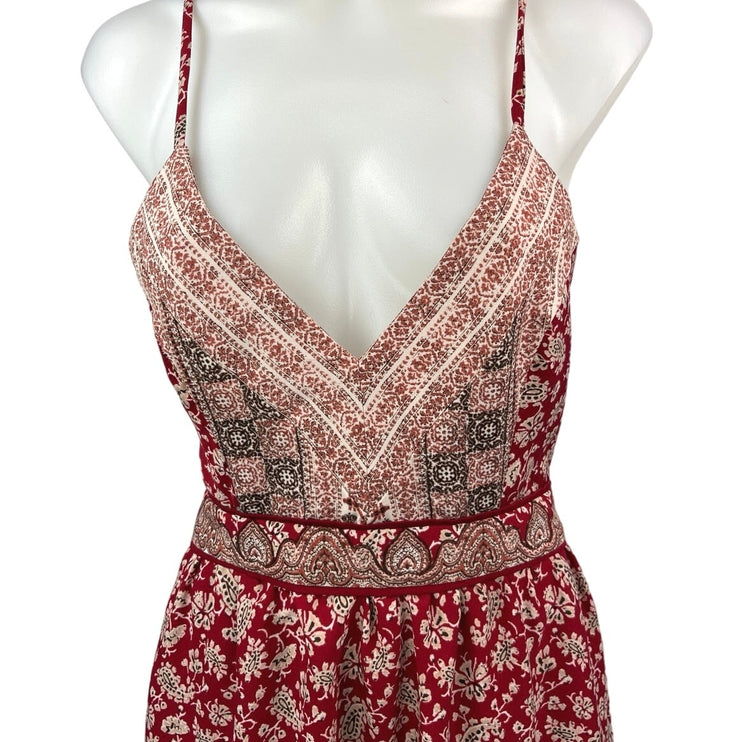 Forever 21 Red Jacquard Floral V Neck Crossback Boho A Line Maxi Sun Dress Sz S