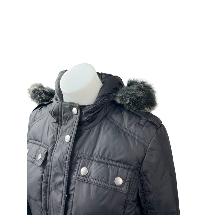 Aqua Black Faux Fur Trim Quilted Long Sleeve Hooded Puffer Parka Coat Jacket XS