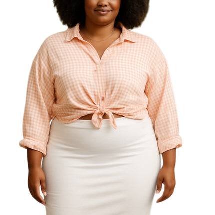 H&M Women's Orange Coral Gingham Check Long Sleeve Crop Button Down Shirt Top XL