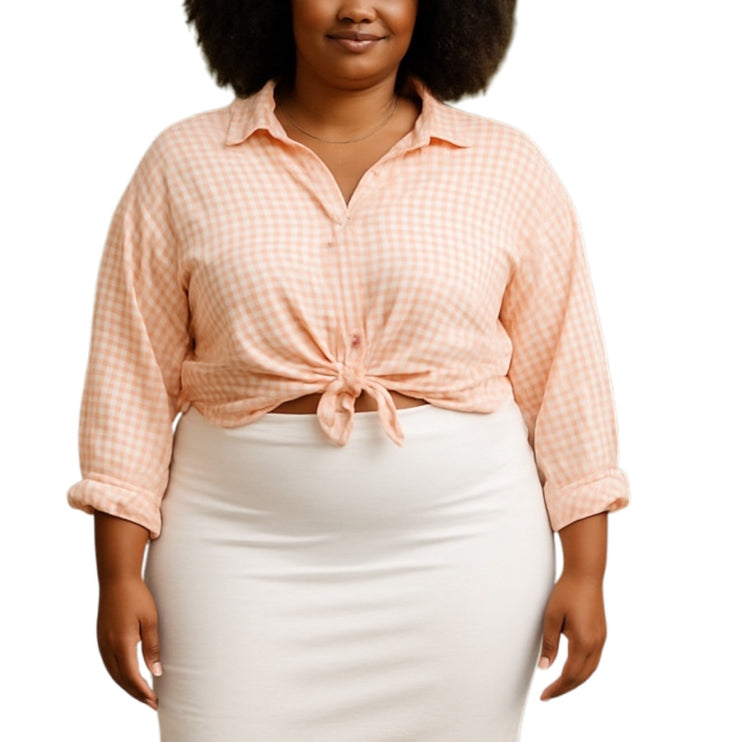 H&M Women's Orange Coral Gingham Check Long Sleeve Crop Button Down Shirt Top XL