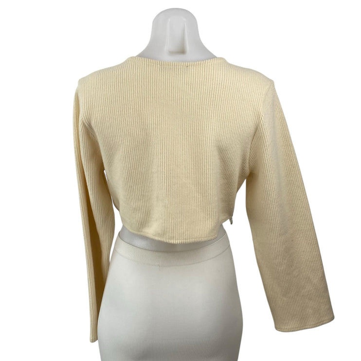 Zara Women's Cream Ribbed Knit Silver Fringe Long Sleeve Sweater Crop Top Size M
