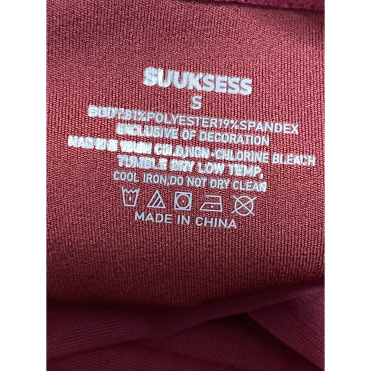Suuksess Women's Red Sheer Mesh Ruched Boat Neck Long Sleeve Tee Blouse Top Sz S