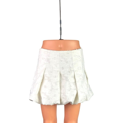 Zara White Floral Pleated Textured High Waist Bubble A Line Mini Skirt Size XS