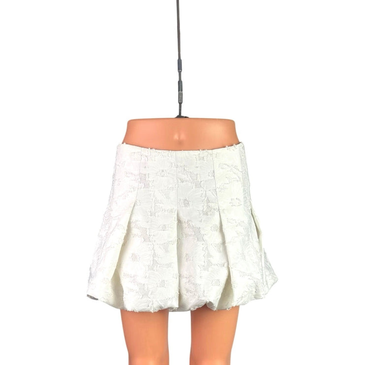 Zara White Floral Pleated Textured High Waist Bubble A Line Mini Skirt Size XS