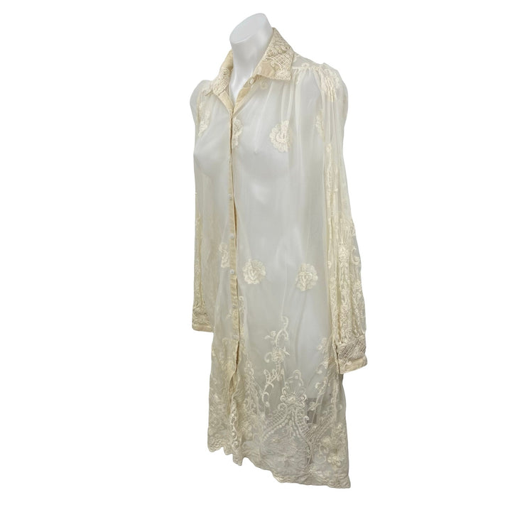 Navy Cream Floral Lace Mesh Sheer Long Puff Sleeve Button Down Shirt Dress OS