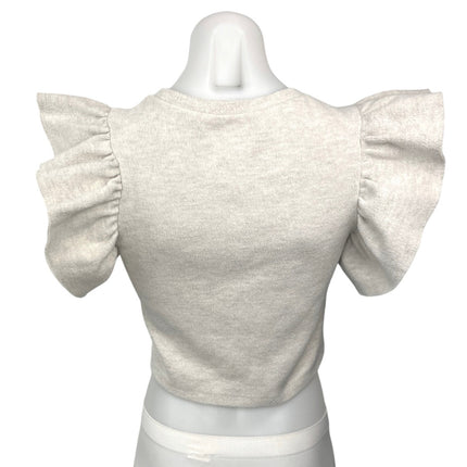 Zara Gray White Ruffle Flutter Sleeve Round Neck Stretch Knit Crop Top Blouse S