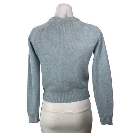 Vintage IQ Women's Blue Wool Ribbed Knit Crew Button Up Cardigan Sweater Top M