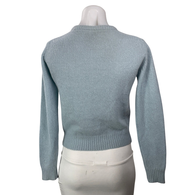 Vintage IQ Women's Blue Wool Ribbed Knit Crew Button Up Cardigan Sweater Top M