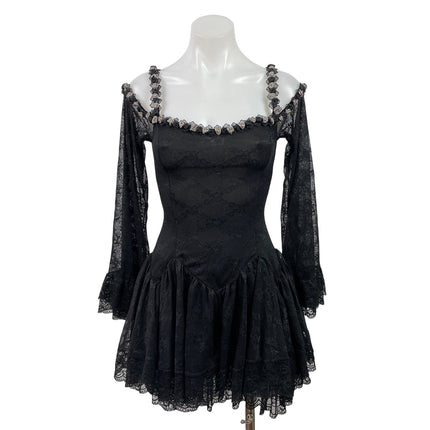 NEW Sugar Thrillz Black Lace Sheer Flowers Long Bell Sleeve Mini A-Line Dress XS
