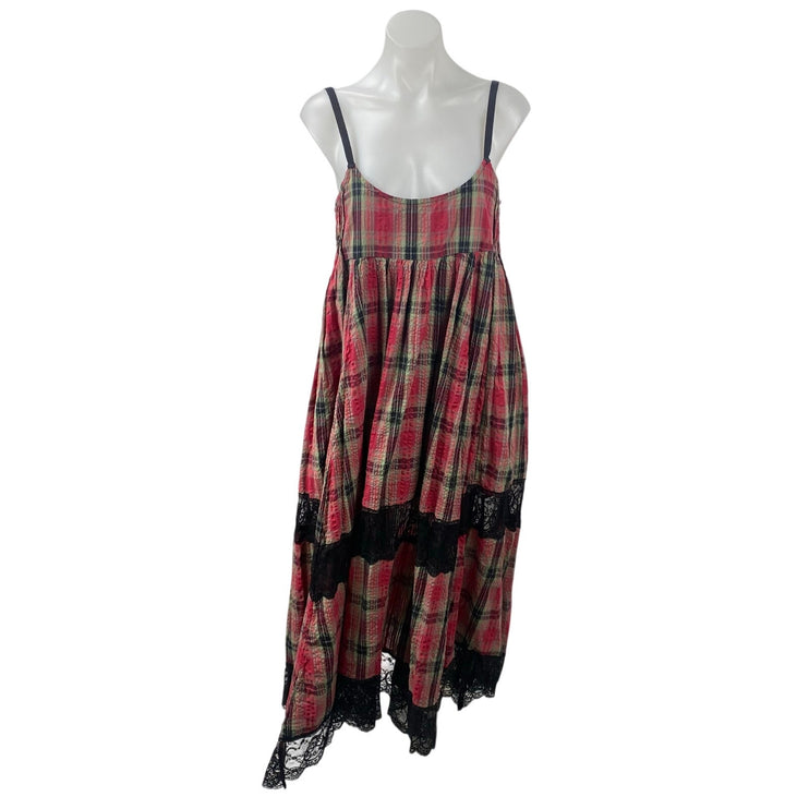 Urban Outfitters Baez Red Plaid Flannel Lace Inset Sleeveless Midi Tank Dress M