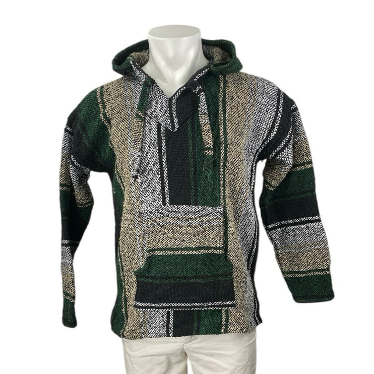 Mens Mexican Baja Jerga Green Colorblock Long Sleeve Hoodie Sweatshirt Sweater L