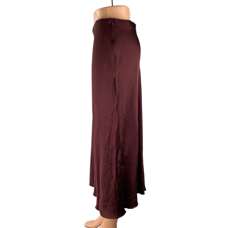 Zara Red Maroon Silk Satin Zip High Waisted Flowy Flare Slip Midi Skirt Size S