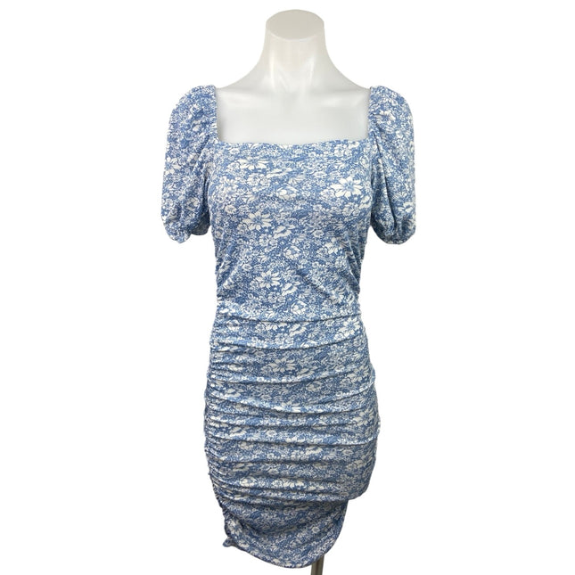 Nasty Gal Blue Floral Print Square Neck Puff Sleeve Ruched Bodycon Min Brie Nasty Gal Blue Floral Print Square Neck Puff Sleeve Ruched Bodycon Min Brie