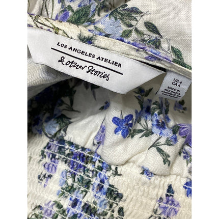 & Other Stories Blue White Floral Short Puff Sleeve Smocked Crop Blouse Top 4