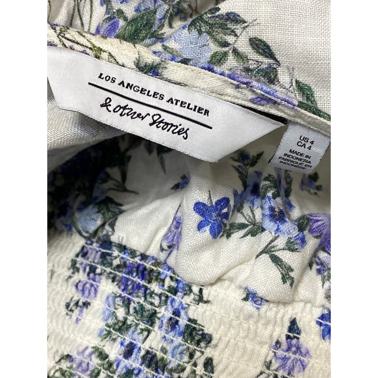 & Other Stories Blue White Floral Short Puff Sleeve Smocked Crop Blouse Top 4