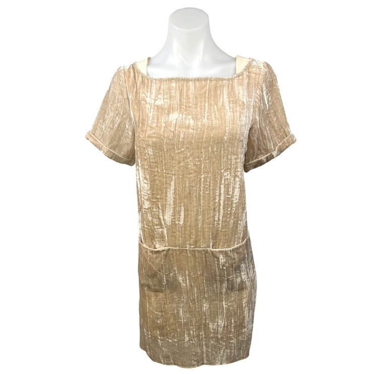 Anthropologie Floreat Beige Velvet Velour Short Sleeve Mini Shift Dress Size XS