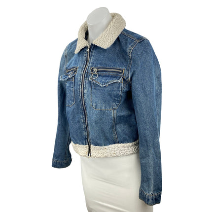 Refuge Women's Blue Sherpa Trim Full Zip Long Sleeve Trucker Denim Jean Jacket S