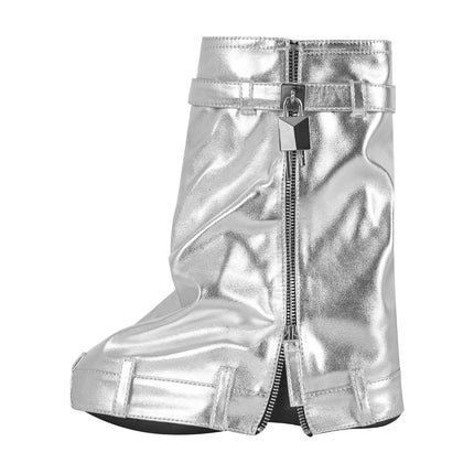 Women's Silver Metallic Leather Zip Fold Over Padlock Platform Mid Calf Boots 10