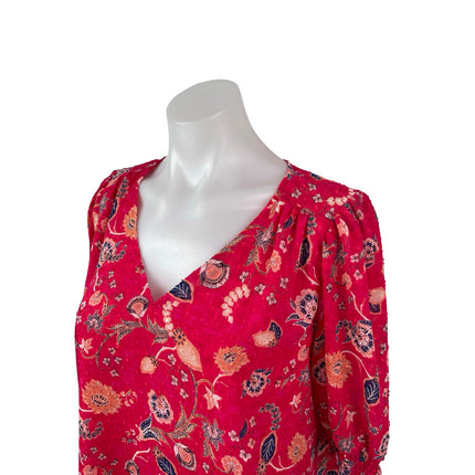 Rachel Zoe Women's Pink Red Floral Short Puff Sleeve V Neck Blouse Top Size M