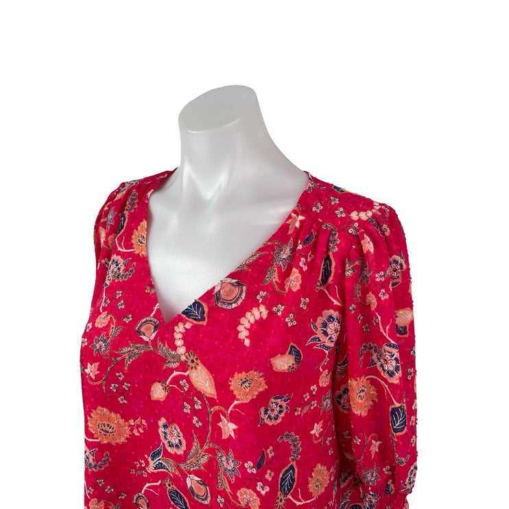 Rachel Zoe Women's Pink Red Floral Short Puff Sleeve V Neck Blouse Top Size M