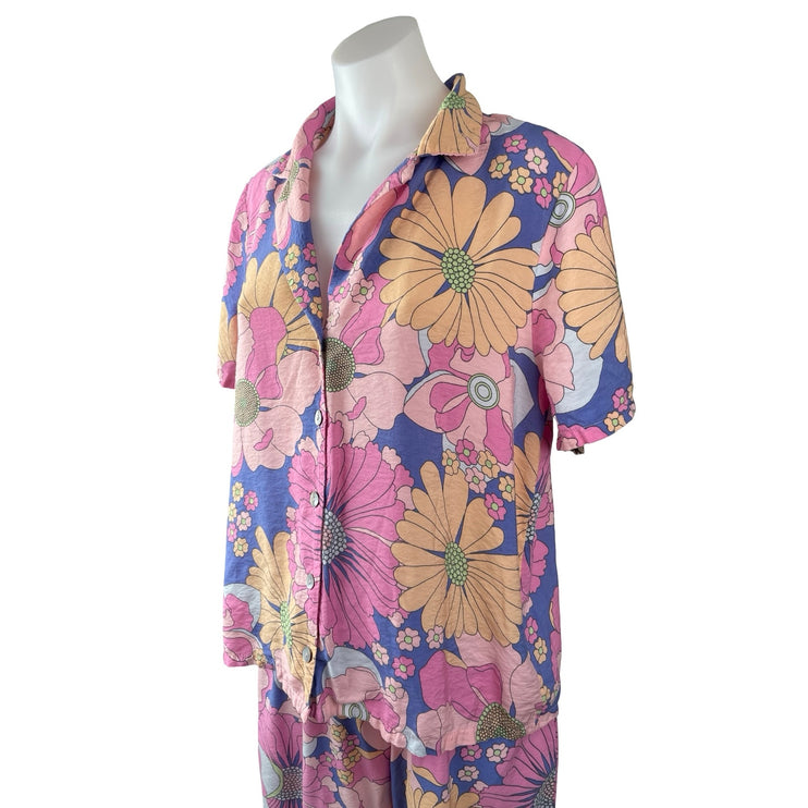 Zudio Women's Multicolor Floral Button Up Shirt Pants Sleepwear Pajama Set M/L