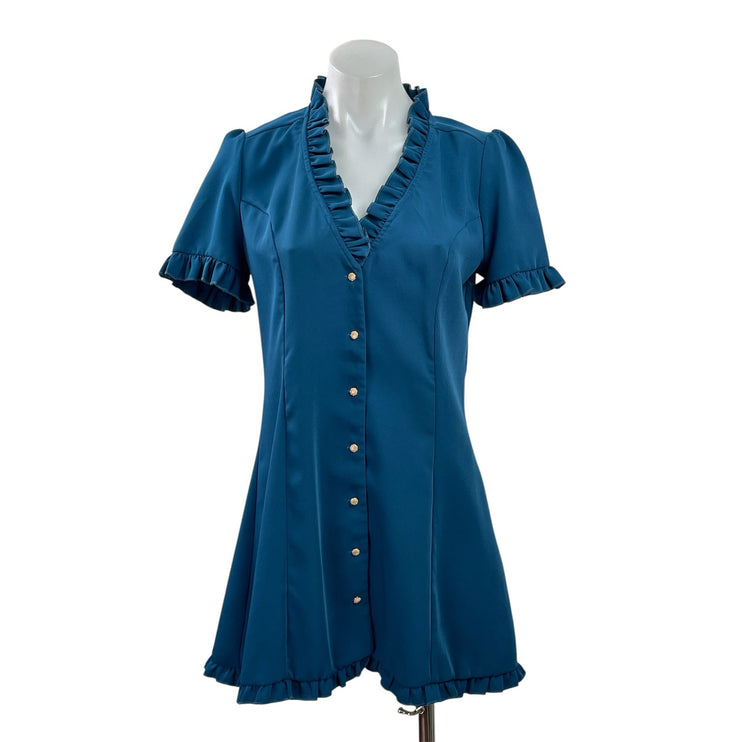 Loli Loli Women's Blue Short Sleeve Ruffle V Neck Button Up A Line Mini Dress L
