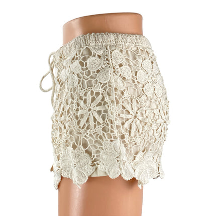 Fashion on Earth Cream Floral Crochet Knit Drawstring Beach Mini Shorts Size M